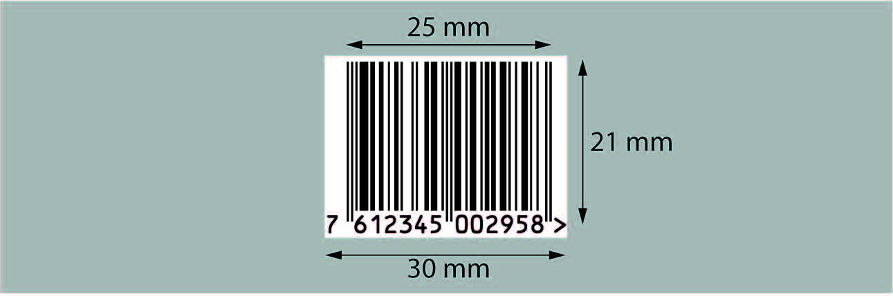 Dimensions minimales code-barres, Largeur: 30mm, Largeur du code-barres: 25mm, Hauteur: 21mm